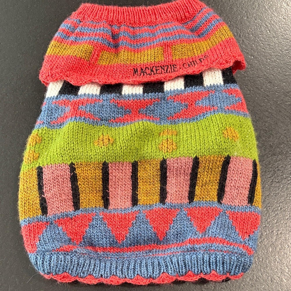 MacKenzie-Childs Coral, Blue, Lime & Mustard Patterned Knit Dog Sweater